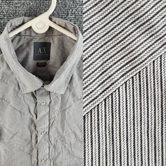 Armani Exchange Large Black White Striped Short Sleeve Pearl Snap Double Collar - Picture 1 of 16